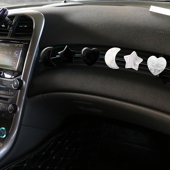 Set of 3 Crystal Stone Car Air Vent Clips, Moon Star Heart Quartz Charm Car Air Freshener Clip, Air Conditioning Outlet Clip, Cute Car Interior Decoration Accessories for Men Women (Black, Unscented)