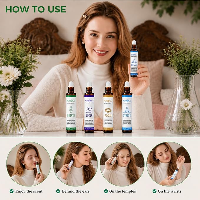 Aromatherapy Oils Roller Set, Natural Pre-diluted Essential Oils Roll On with Glass Rollerball, Relaxation Gift for Women & Men, Christmas Gift, Pack 4 x 0.33fl.oz