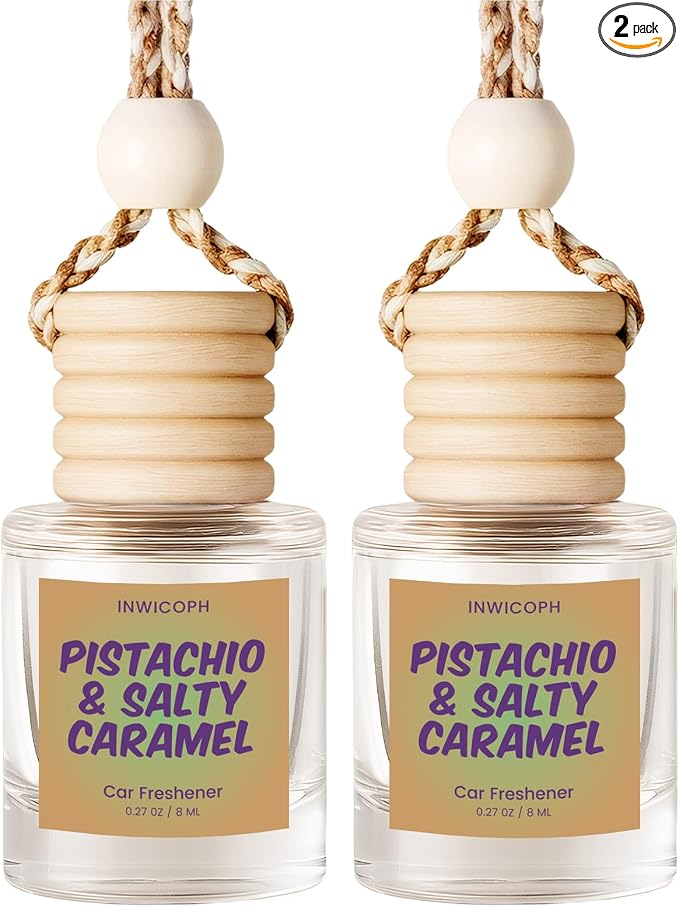 Premium Car Air Freshener Diffuser Set (2 Pack) - Pistachio & Salty Caramel Fragrance Oil, 45+ Day Long-Lasting Hanging Auto Freshener