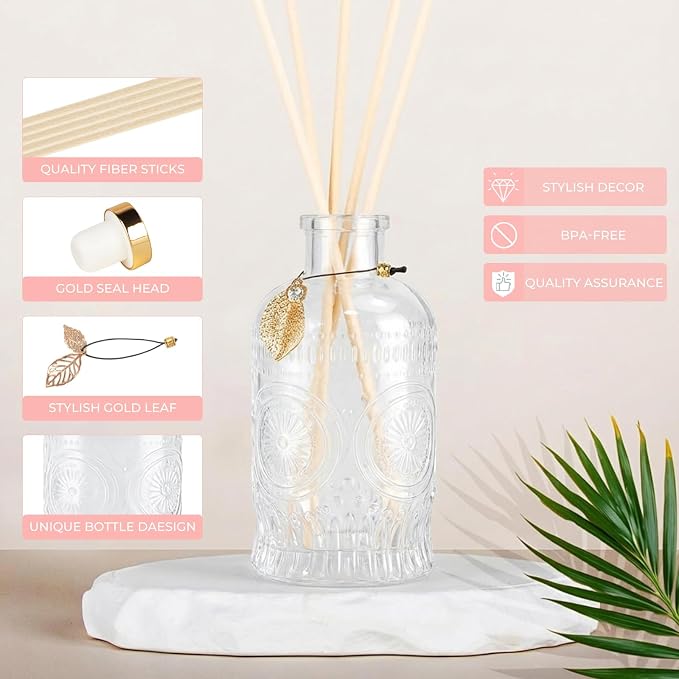 Glass Reed Diffusers Bottles for Home, Diffuser Bottles with 40PCS Reed Diffuser Sticks, Glass Bottle with Lids Apothecary Jar Flower Bud Vases, Set of 6