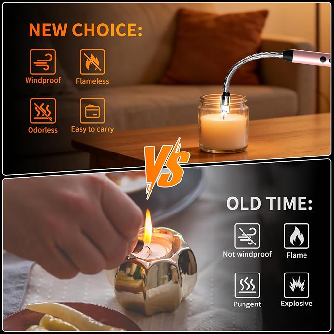 2 Pack Rechargeable Type C Electric Lighters, Rosegold | Flameless and Windproof, Plasma Arc, 360° Long Reach Flexible Neck, LED Power Display, For Candles, BBQ Grill & Camping
