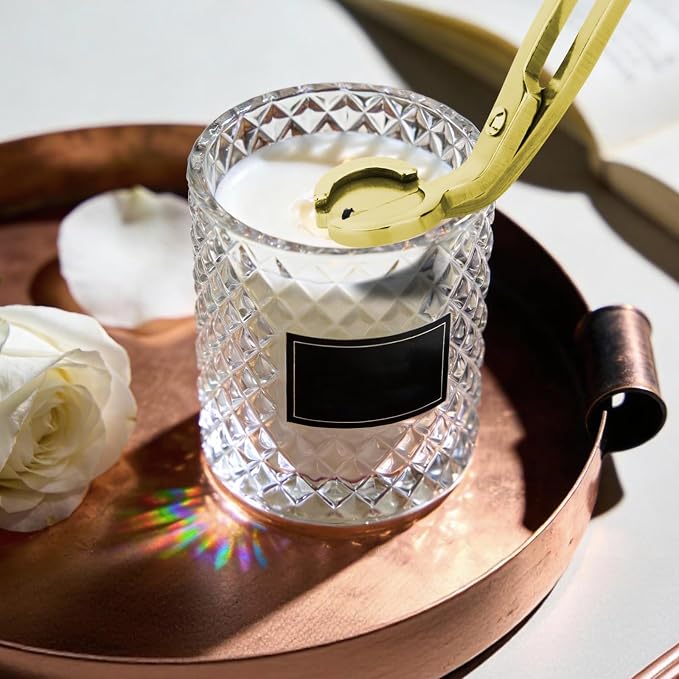 CHEFBEE Candle Wick Trimmer, Polished Stainless Steel Wick Clipper Cutter, Scissors, Reaches Deep Into Candles to Cut Spent Cord, Allow Cleaner Burn and Prevent Soot Buildup (Gold)