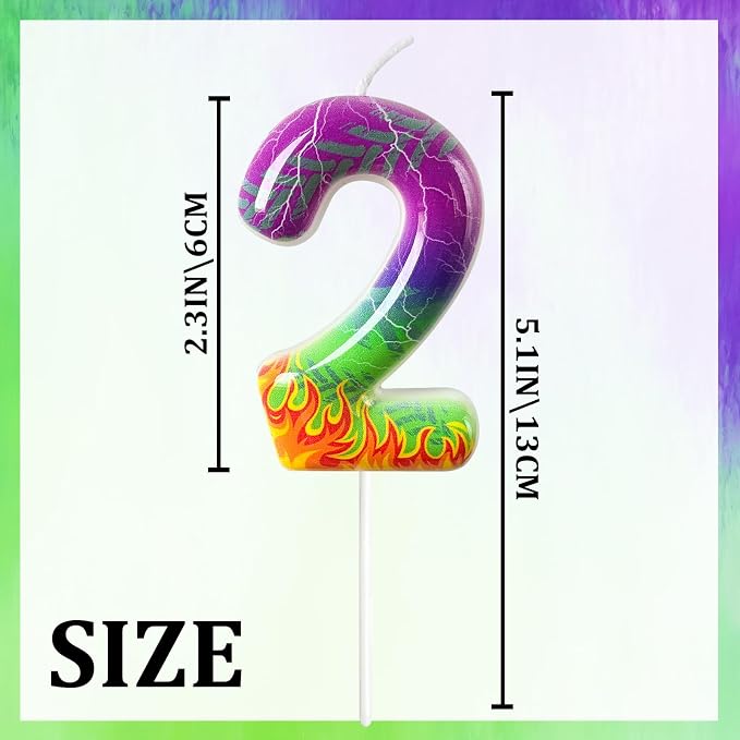 Number 2 Birthday Candle for Cake – Purple Green Flame Design with Lightning & Tire Track Pattern – Off-Road Truck Theme Cake Topper for Birthday Party Decoration