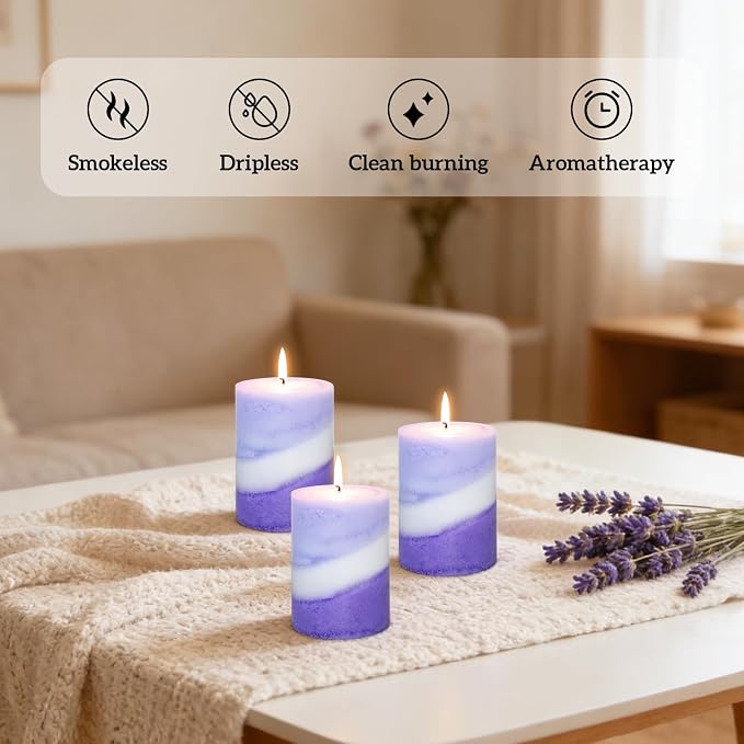 Crystal Club Lavender Scented Pillar Candles, 3X4 Inch Pillar Candles, 100% Cotton Wick, Smokeless & Dripless, 40+ Hours Long Burning, Candles Set for Wedding, Dinner, Party