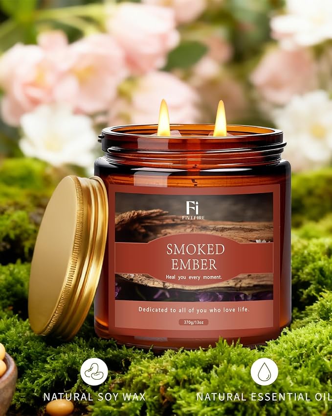Smoked Ember Scented Candle, 13 oz Soy Wax Candle with Cotton Wick, 76-Hour Clean Burning, Non-Toxic Woodsy Scent for Relaxation & Focus, Aromatherapy Candle, Housewarming Gift