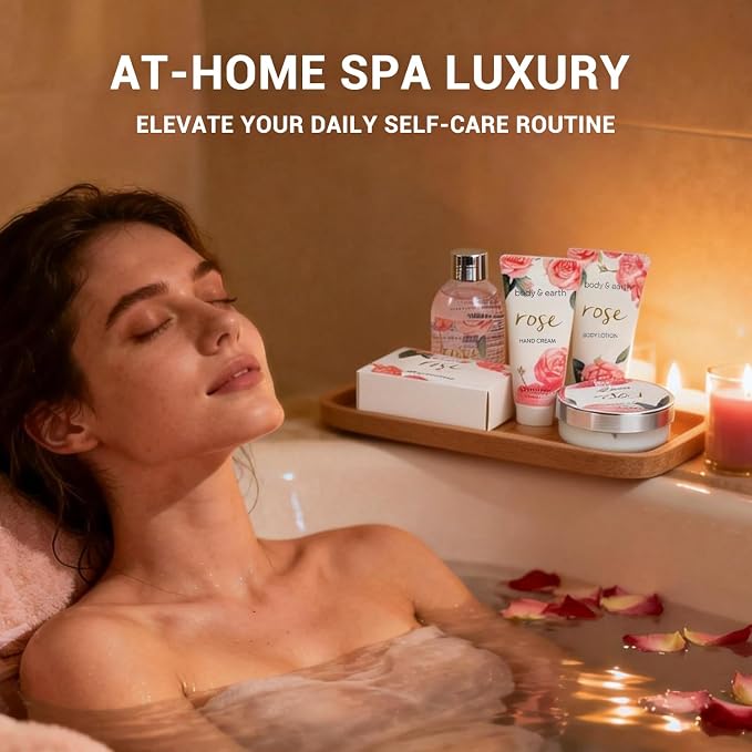 BODY & EARTH Spa Gift Set for Women - Luxurious 5 Pcs Bath and Body Box, Rose Scent, Includes Body Wash, Body Butter, Body Lotion and More, Birthday Mothers Day Gifts for Mom Self Care Kit for Her
