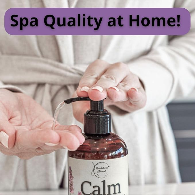 Calm Massage Oil for Massage Therapy with Lavender & Chamomile Essential Oils to Relax Sore Muscles | All Natural with Coconut, Grapeseed & Jojoba for Smooth Skin | Brookethorne Naturals 8oz