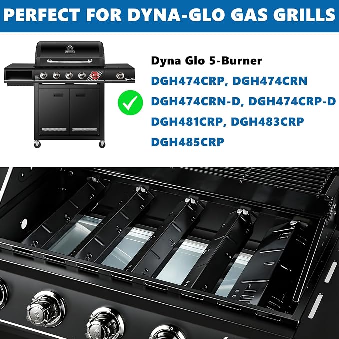 SafBbcue Grill Replacement Parts for Dyna-Glo 5 Burner DGH474CRP, DGH485CRP, DGH483CRP, DGH474CRN Grills, Cast Iron Grill Grates, Porcelain Steel Heat Plates, Grill Parts Kit