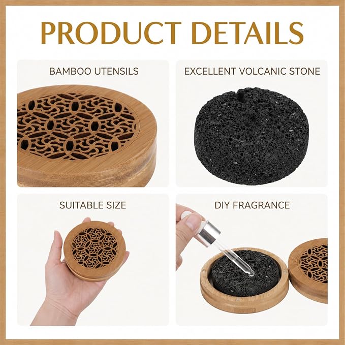 Passive Essential Oil Diffuser Stone, Small Lava Rock Diffuser Set Aromatherapy Stone for Desk Home Office Car Gift-Giving, Compact Wood Bas