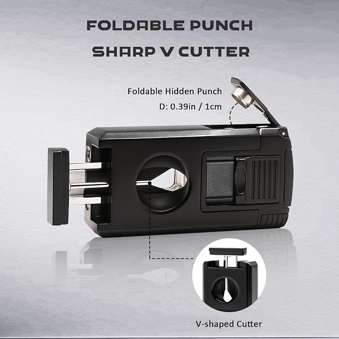 5-in-1 Dual Jet Flame Butane Torch Lighter Built-in V Cutter, Punch, Holder, Draw Enhancer Tool, Windproof Refillable Butane Lighter Gift for Men, Cool Lighters for Candle, Outdoor (No Gas)