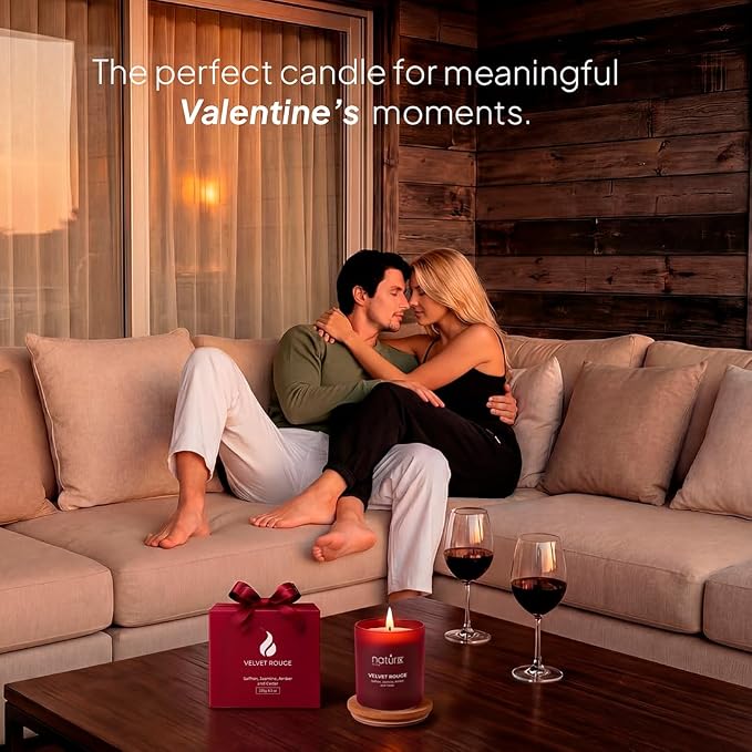 Natur IX Velvet Rouge Scented Valentine Candle for Her, Girfriend, Wife - Romantic Candles - Cedarwood, Saffron, Jasmine & Amber - Natural Non Toxic Soy Candles with Essential Oils - 50H Long Burning