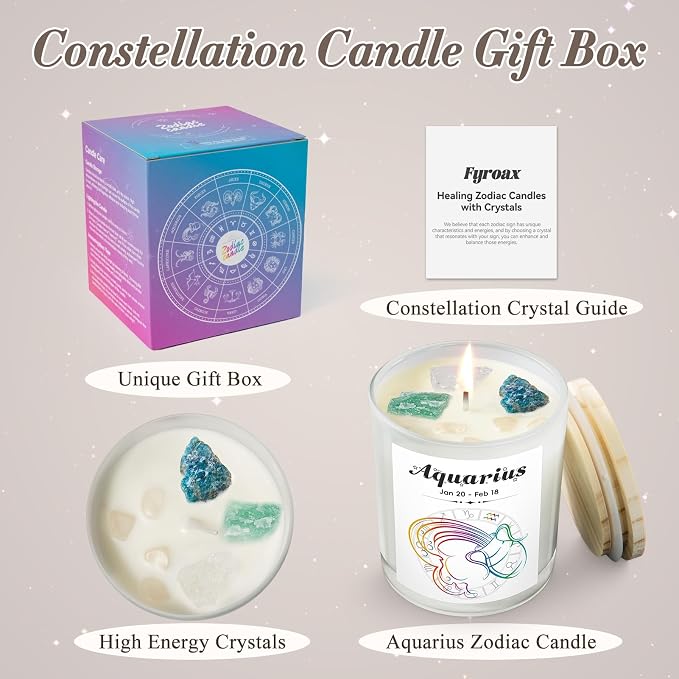 Aquarius Gifts for Women, Zodiac Aquarius Candle with Healing Crystals, Astrology Birthday Gifts for Women, Mom, Sister, Friends, Meditation, Yoga, Relaxation (7oz)