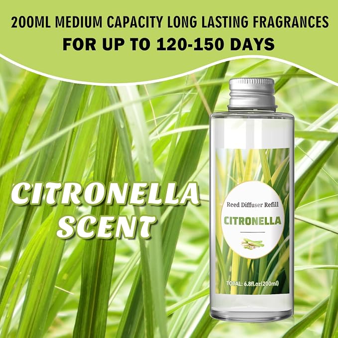 SCENTORINI Reed Diffuser Oil Refill, Citronella Diffuser Oil 6.76 Fl Oz, Lemongrass Scented Essential Oil Refill for Summer Home Fragrance for Room Spa Bathroom Hotel Decor, Patio, Outdoor