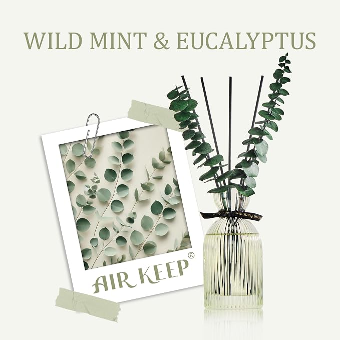Airkeep Reed Diffuser Set 6.76 oz – Wild Mint & Eucalyptus Decorative Home Fragrance with Eucalyptus Sticks, Ribbed Glass Diffuser for Bathroom & Bedroom Décor, Gift Ready