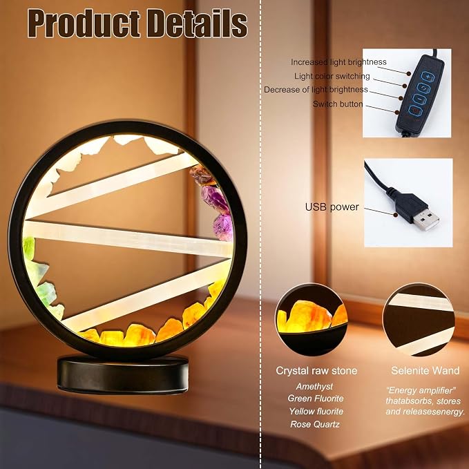 Runyangshi Crystal Table Lamp Night Light Natural Selenite & Colour Crystal Raw Stone Bedside Lamp with 3 Adjustable Light Colours Suitable for Home Decoration, Bedroom Office Desk Lighting