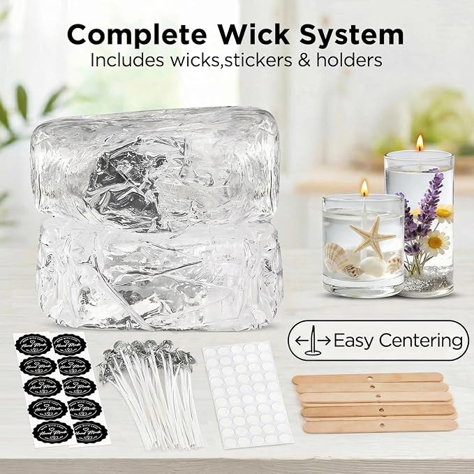 LumaCraft Clear Gel Wax for Candle Making – 2.2LB Transparent Jelly Wax with 50 Wicks, 50 Wick Stickers & 10 Wick Holders - Natural Non-Toxic DIY Gel Candle Supplies for Beginners & Crafters