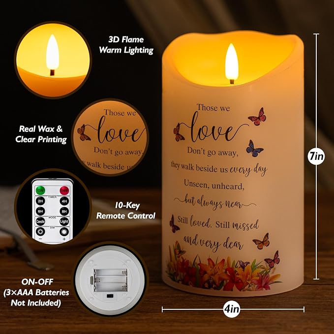 Flameless Memorial Candle, Real Wax LED Light with Remote Sympathy Bereavement Gifts for Loss of Loved One Sympathy Candles for Loss of Mother Father Mom Dad Son Remembrance Gifts (4" x 7")