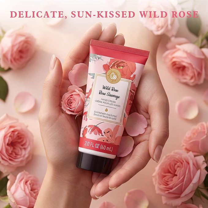 BODY & EARTH # LOVE Hand Cream Gifts Set for Women, 4PCS Wild Rose Bath and Body Gift Set with Hand Cream, Body Lotion, Body Scrub, Soap, Self Care Kit Spa Gifts for Women Birthday Gift for Her