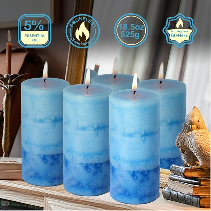 Pillar Candles Ocean Scented, Immeiscent Aromatherapy Candles, 60+ Hours Burn Long Lasting, Blue Mottled Layered Candles for Home Scented, SPA, Restaurant, Set of 3