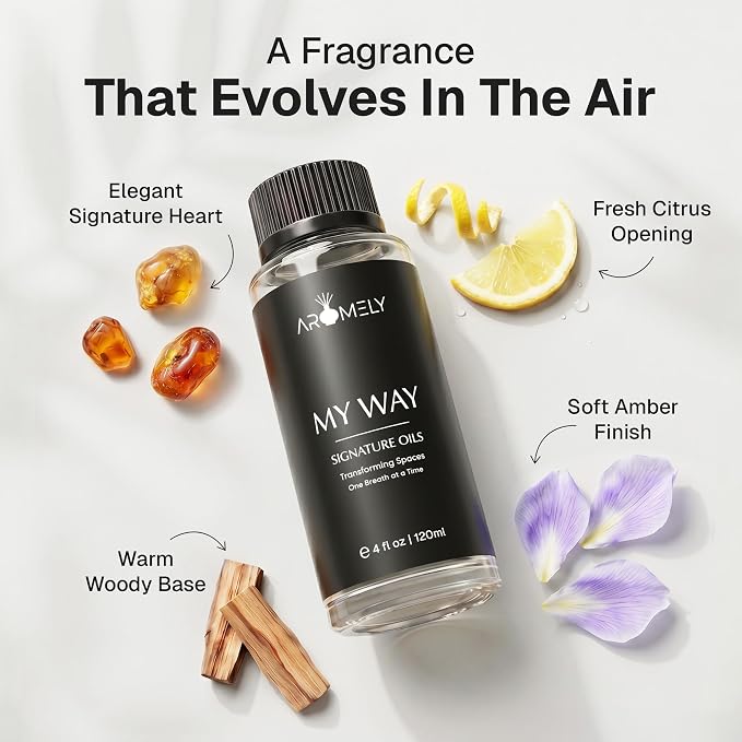 AROMELY My Way Diffuser Oil Blend | Luxury Home Fragrance Oil for Diffusers | Inspired by 1 Hotel | Signature Scent with Notes of Leather, Cardamom, Lemon, Cedarwood, Iris & Amber | 120ml