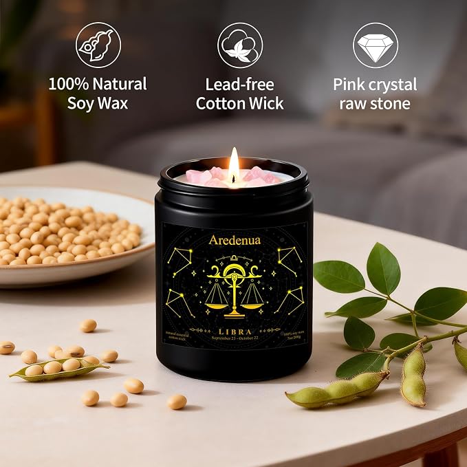 Libra Birthday Gifts Candle for Women | Zodiac Scented Candle with Rose Quartz Crystals - Warm & Cozy Scented Natural Soy Candle 7oz 50-Hour Burn, Healing Aromatherapy Candle for Relaxation Meditation