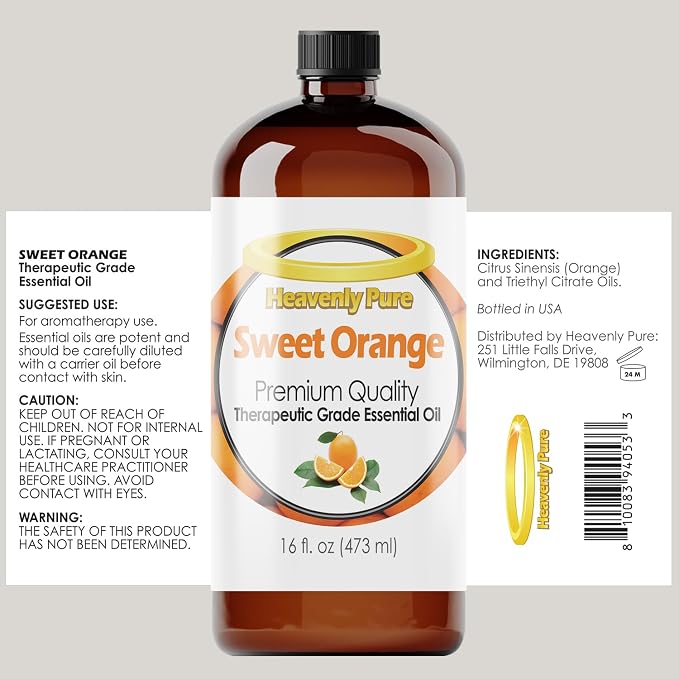 Heavenly Pure Sweet Orange Essential Oil 16 Fl Oz (Pack of 1) Large Bottle for Aromatherapy Diffusers Candles and DIY Crafts