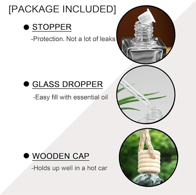 7 Pcs 8ml Hanging Car Air Freshener Diffuser,Empty Black Gradient Glass Essential Diffuser Oil Aromatherapy Fragrance Perfume Pendant Glass Vials with Wooden Caps (Square, 8ml)