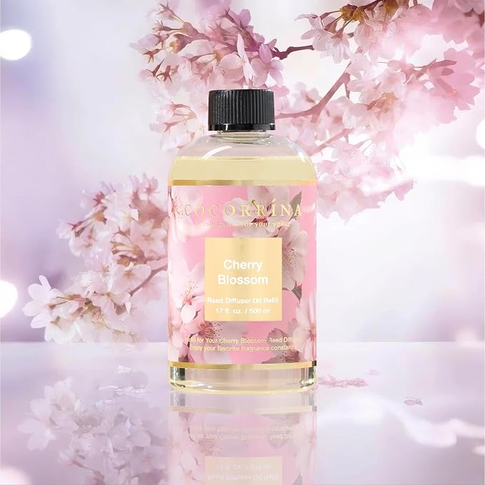 Cocorrína Reed Diffuser Refill Cherry Blossom 17oz (500ml) with 8 Sticks - Premium Long-Lasting Scented Oil, Home Fragrance for Bedroom, Bathroom Home Decor