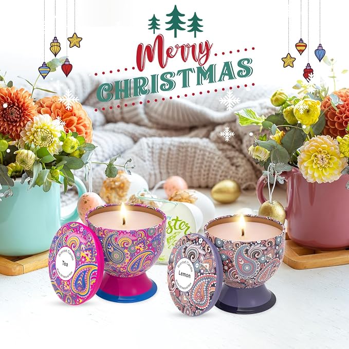 Aromatherapy Candle Stress Relief Gift Set, 4 Packs of 4 Ounces, 100% Soy, Long-Lasting, Suitable for Family fragrances, Holiday Decorations, Weddings (Green Tea, Vanilla, Lemon, Jasmine)