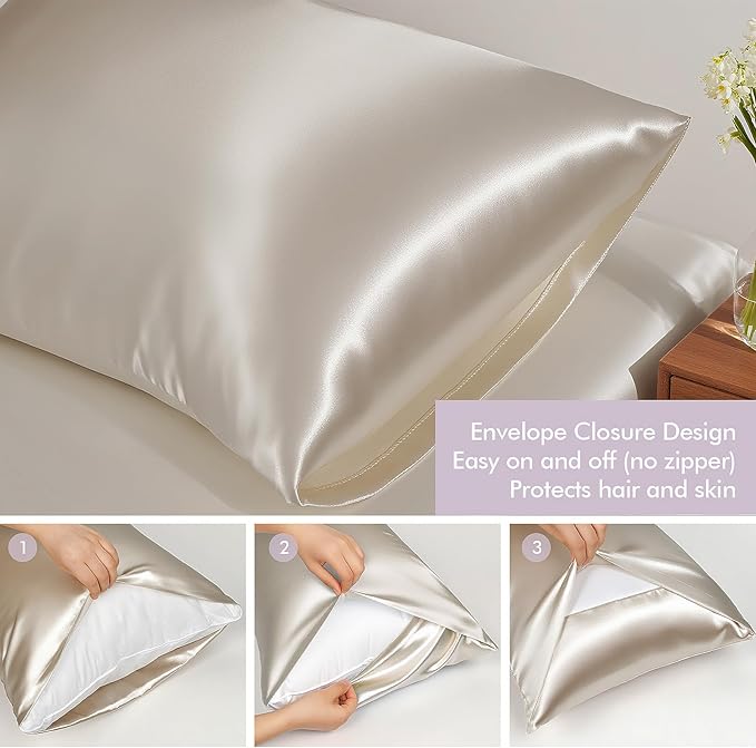 Vegan Silk Sleep Set – Satin Pillowcase, Eye Mask & Large Scrunchie for Hair and Skin – Frizz Free Beauty Sleep & Self Care Night Routine – Champagne