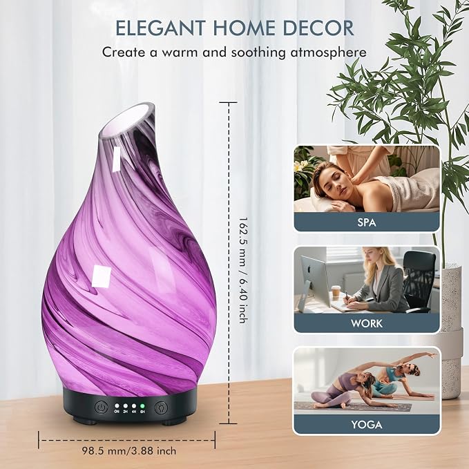 Aromatherapy Essential Oil Diffuser for Home- Art Glass Diffuser for Essential Oils with Waterless Auto Shut-Off 4 Timer 7 Colors LED Night Light for Home Office Decor Gifts for Women