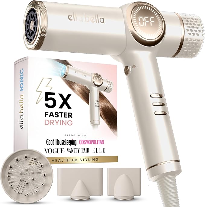 ELLA BELLA® Professional Ionic Hair Dryer with Diffuser • Negative Ion Blow Dryer • Suitable All Hair Types • Intelligent Heat Control & Rapid Drying Speeds • Lightweight Design • Low Noise Technology