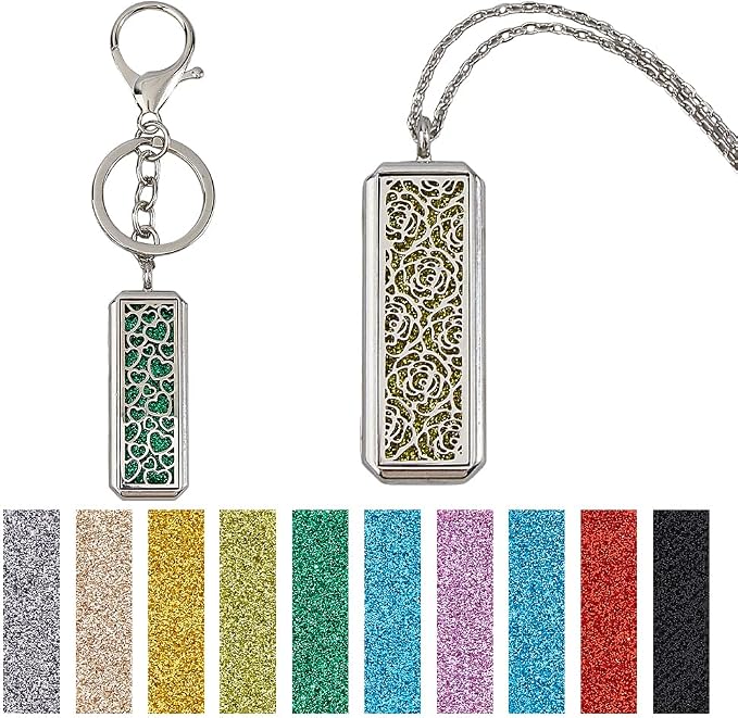 SUPERFINDINGS 2Styles Essential Oil Diffuser Necklace Keychain Stainless Steel Aromatherapy Rectangle Pendant with 20Pcs Perfume Pads Alloy Oil Diffuser Keychain for Christmas Birthday Gifts