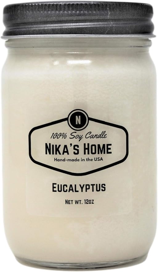 Nika's Home Eucalyptus Soy Candle - 12oz Mason Jar - Non-Toxic - Hand Poured in The USA, Long Burning 50-60 Hours Highly Scented All Natural, Clean Burning