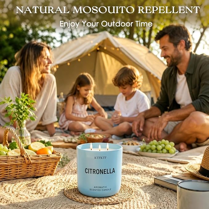 Citronella Candles Outdoor - 14.1oz Large 3 Wick Jar Candle with 80 Hour Burn, Natural Soy Wax, Non-Toxic Outdoor Candle for Patio, Camping, Backyard & Home