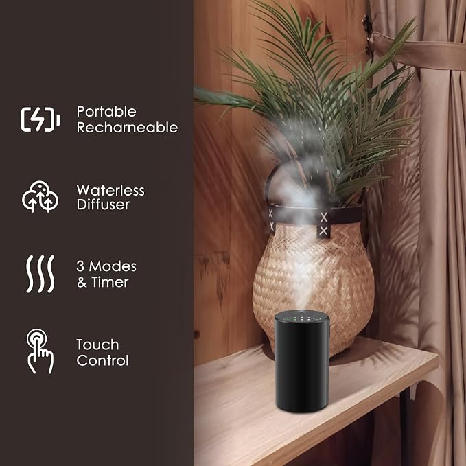Waterless Diffuser Kit with 4 x 20mL Hotel Fragrance Oil (L-Black) | Aluminum alloy, battery powered, 7-color LED,4 timer and 3-level fog settings