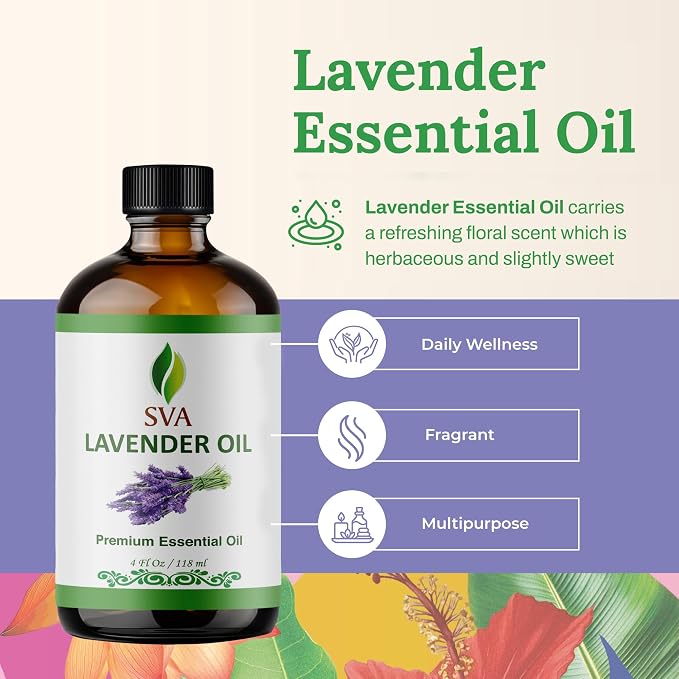 SVA Lavender Essential Oil 4 Fl Oz – for Diffuser, Skin & Hair Care – Ideal for Massage & DIY Blends – with Dropper