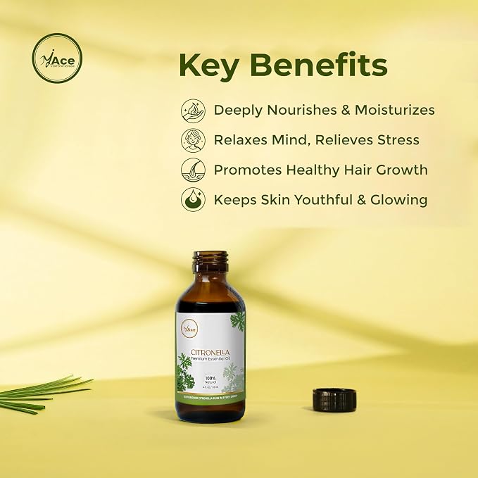 My ACE Citronella Essential Oil 4 Fl Oz - Pure & Natural - Premium Grade for Aromatherapy, Diffuser, Skin, Hair, Massage, Candle & Soap Making, Home - Glass Bottle with Dropper - Long Lasting Scent