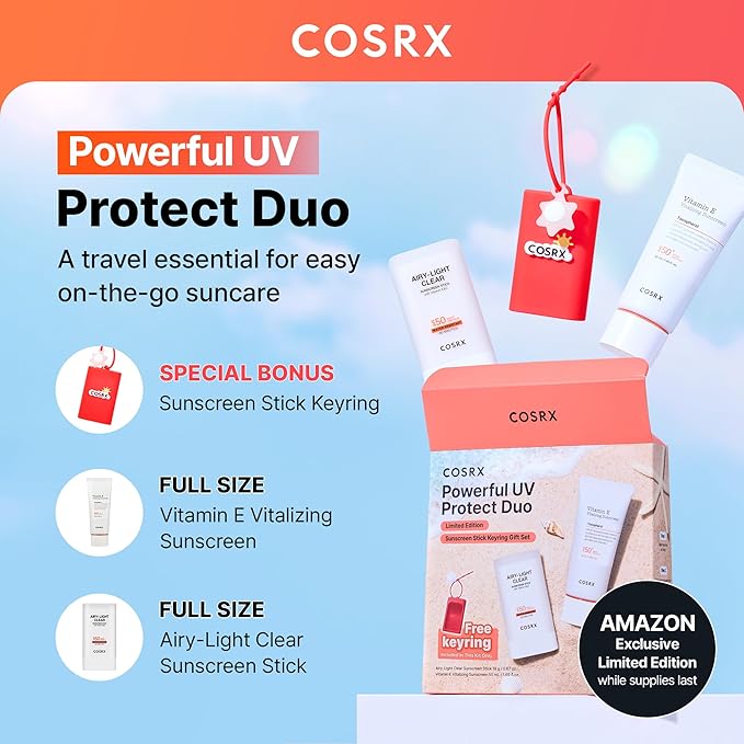 COSRX Vitamin E Sunscreen & Airy Light Sunscreen Stick with Free Keyring, Amazon Exclusive, Korean Sunscreen for Oily Skin, Beach Essentials, Summer Travel Essentials, Korean Skin Care Set