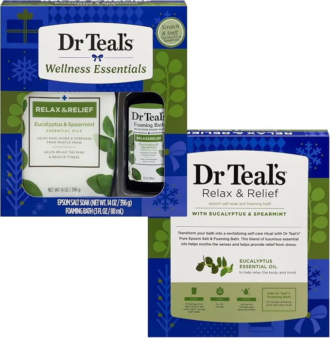 Dr Teal's Holiday Limited Edition Bath Gift Set | Epsom Salt Soak and Foaming Liquid, 14 oz Salt, 3 fl oz Bath (Eucalyptus)