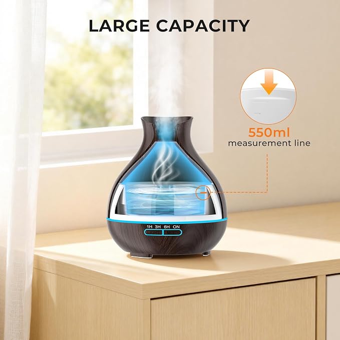 Aromatherapy Essential Oil Diffuser, 550ml Ultrasonic Fragrant Oil Large Room Humidifier, Diffusers for Home with Timer and Waterless Auto-Off, 7 Color LED Lights,Cool Mist Humidifiers
