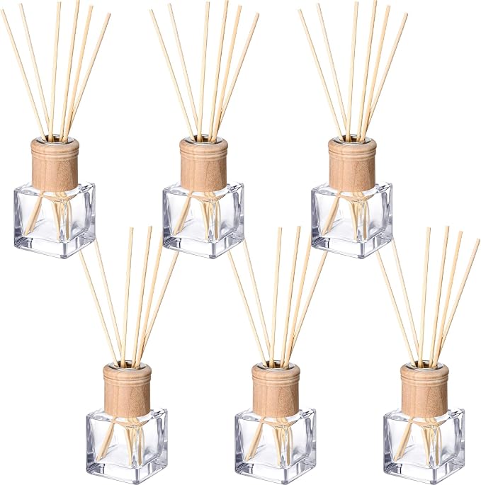 Roshtia 6 Set Reed Diffuser Bottle Empty Refillable Fragrance Glass Diffuser Bottles with Wooden Caps Rattan Sticks 50ml 1.7 oz Square Glass Jars for DIY Fragrance