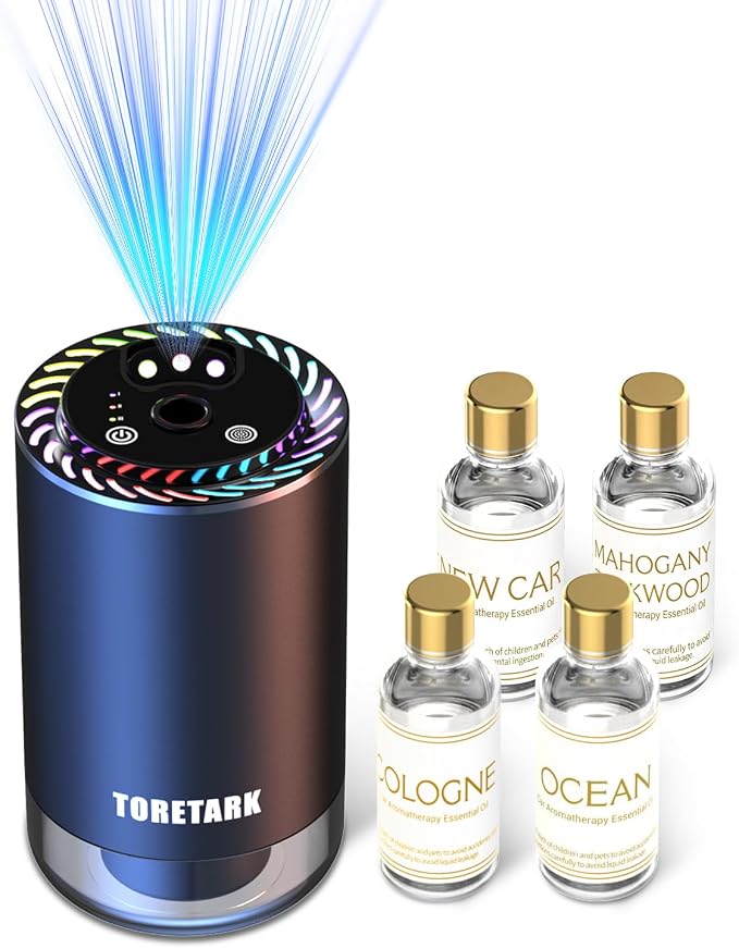 Smart Car Air Freshener with Star Light & 200ml Diffusers Oil Refills, Auto On/Off Aroma Diffuser, 3 Adjustable Mist Modes Rechargeable - Car Diffuser（Cologne+Ocean+New Car Smell+Mahogany Teakwood）