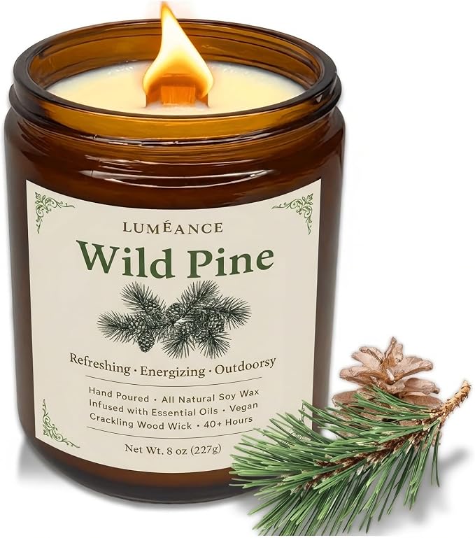 Wild Pine Candles for Home Aromatherapy, Hand Poured in Small Batches, 8oz Crackling Wood Wick Candle, 40+ Hours, 100% Soy Wax with Essential Oils, Winter Decor Gift