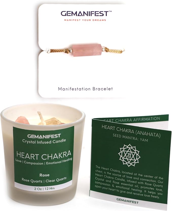 Heart Chakra Candle with Healing Crystals and Rose Quartz Bracelet Rose Scented Crystal Candle for Love Compassion and Emotional Healing Self Care Gifts for Women Meditation Gifts