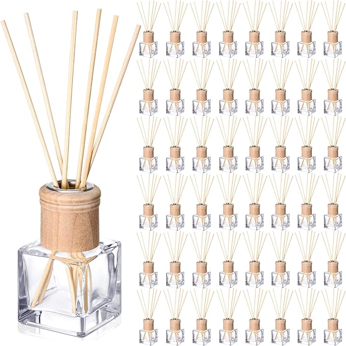 Roshtia 50 Set Reed Diffuser Bottle Empty Refillable Fragrance Glass Diffuser Bottles with Wooden Caps Rattan Sticks 50ml 1.7 oz Glass Jars for DIY Fragrance