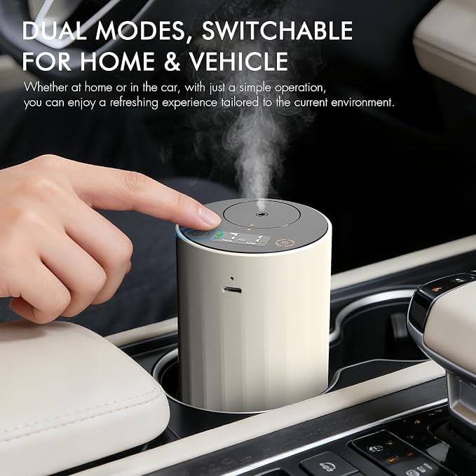 Waterless Diffuser for Essential Oil, Car Diffsuer, 96H Battery Operated Portable Nebulizer Mini Scent Air Machine with Dual Home Vehicle Modes for Bedroom Office Travel - White