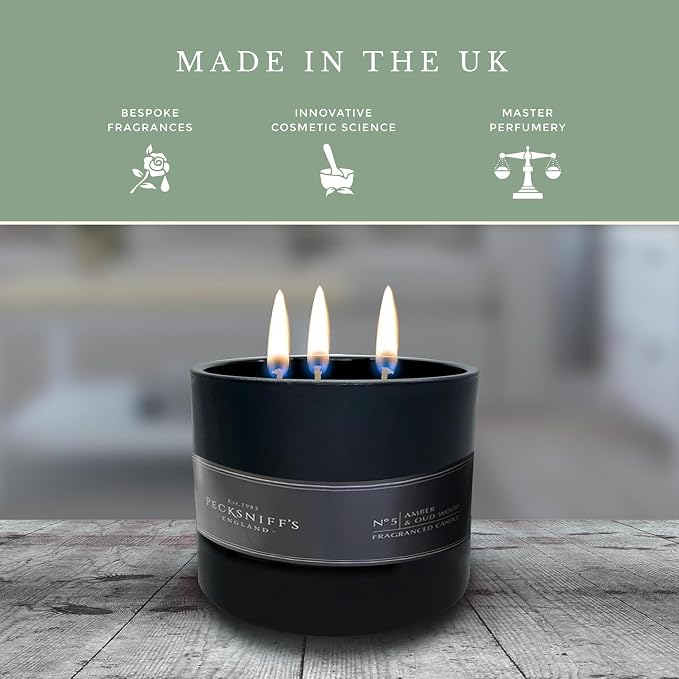 Pecksniffs Luxurious Black Tall Amber & Oud Wood Scented Candle | 3 Wicks, 283g/9.9oz
