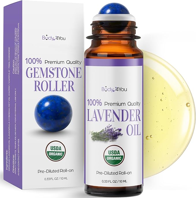 Lavender Essential Oil Roll On for Sleep Anxiety Stress Relief - 100% Pure USDA Organic Pre-Diluted MCT Coconut Oil - Calming Relaxing Bedtime Aromatherapy Yoga - Gemstone Roller 10ml Travel Size