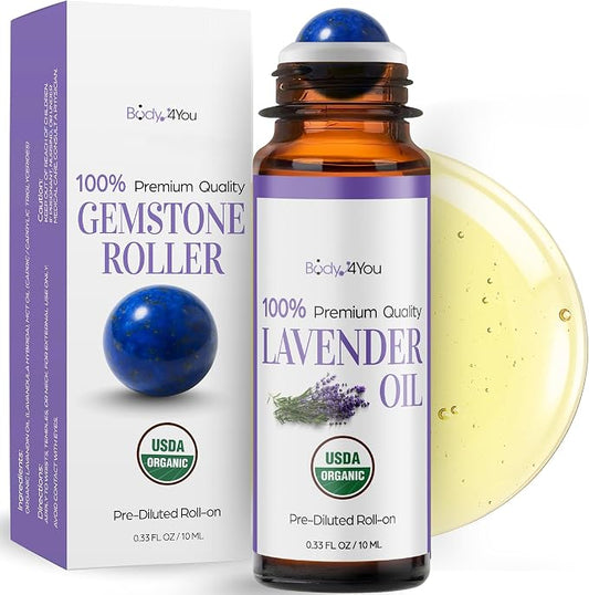 Lavender Essential Oil Roll On for Sleep Anxiety Stress Relief - 100% Pure USDA Organic Pre-Diluted MCT Coconut Oil - Calming Relaxing Bedtime Aromatherapy Yoga - Gemstone Roller 10ml Travel Size